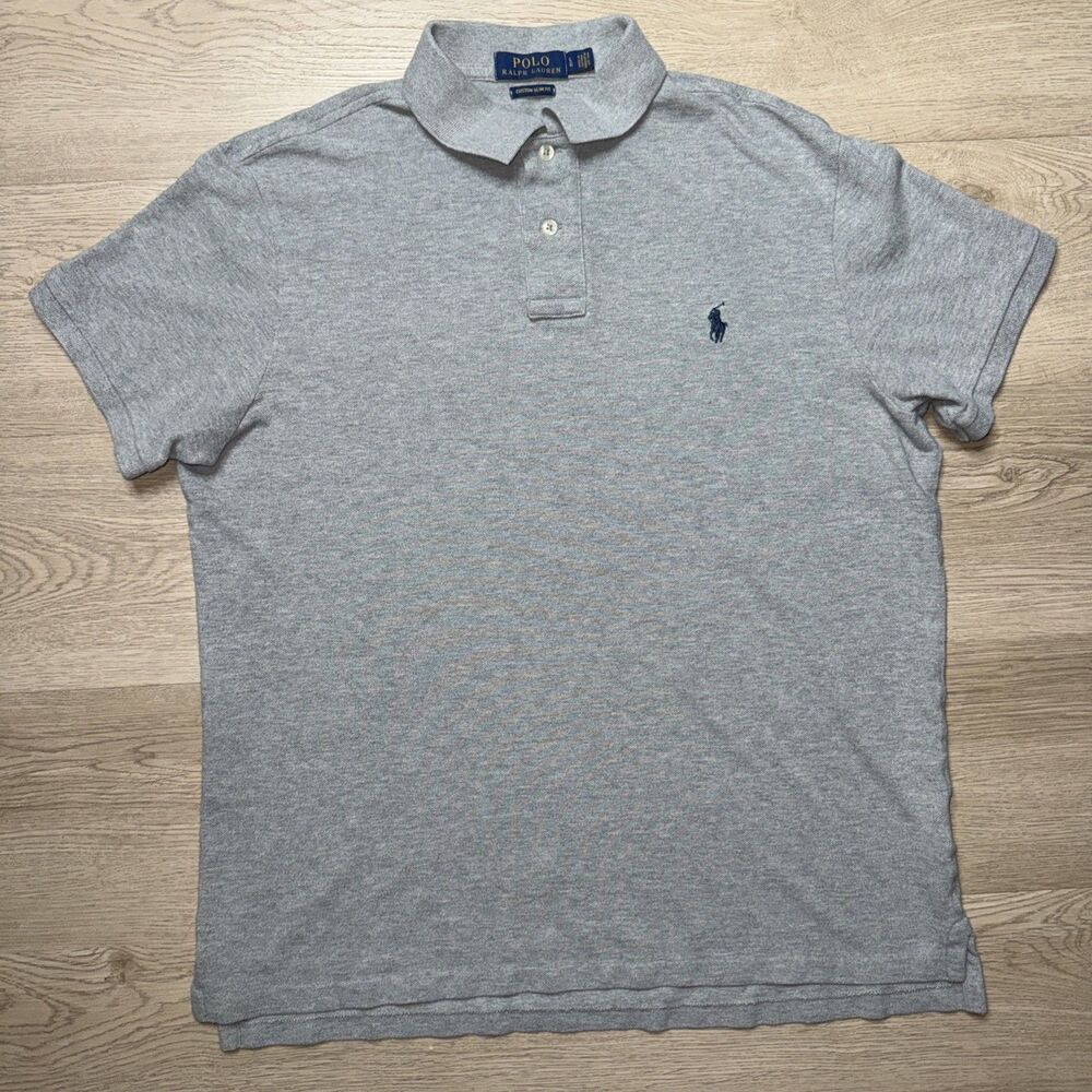 Polo Ralph Lauren Mens Gray Custom Slim Fit L Short Sleeve Polo Shirt Black Pony